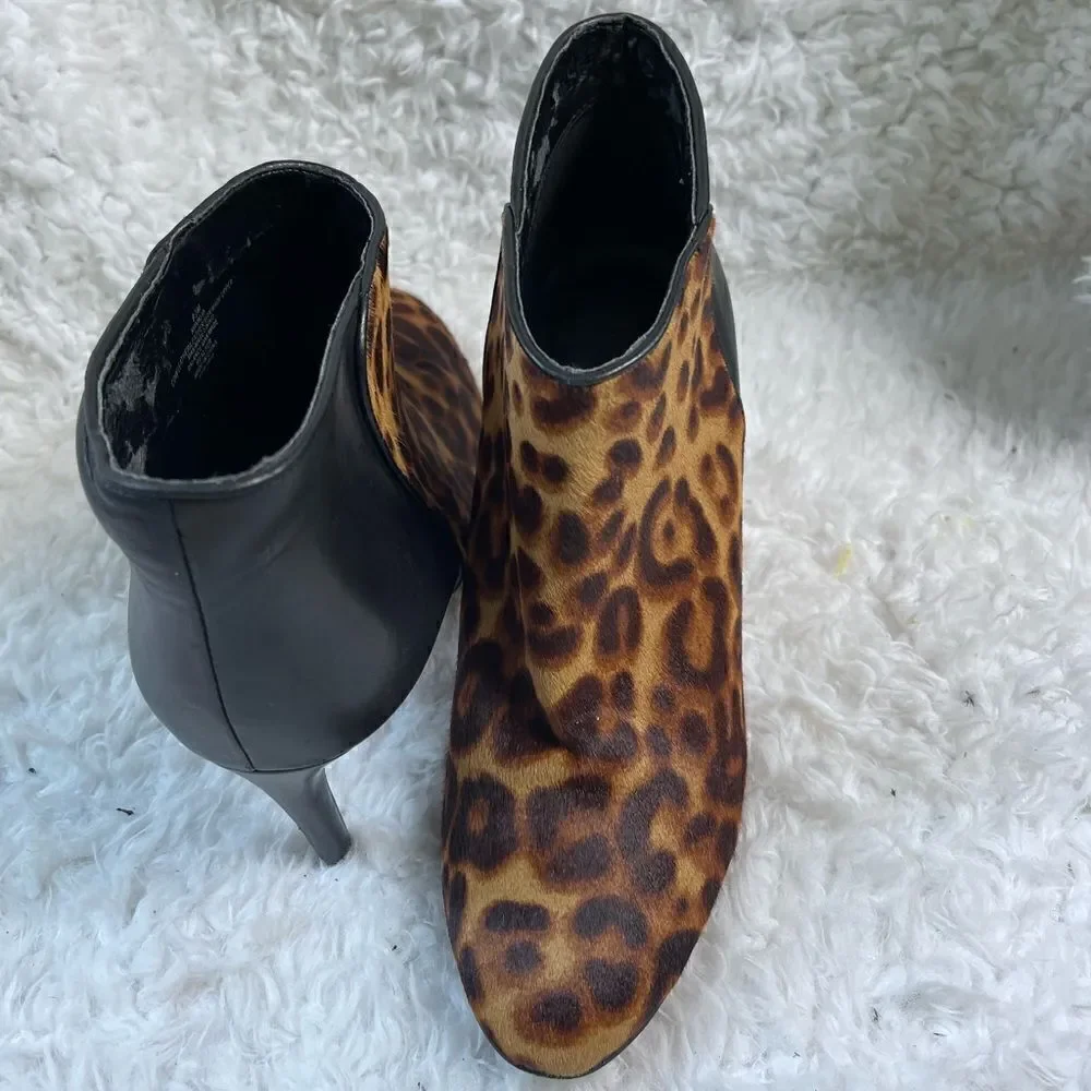 Nine West leather calf hair leopard print &black ankle slip on boots SZ9.5M